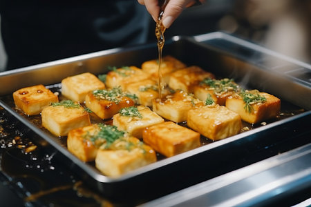 he preparation process of roasting in oil of Sticky tofu - vegan soybean protein source in soy sauce and sesame oil marinade cooked on a pan sprinkled with sesame seeds.の素材