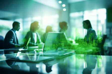 business people meeting at table. Abstract blurred office interior space background. green colors. Business conceptの素材