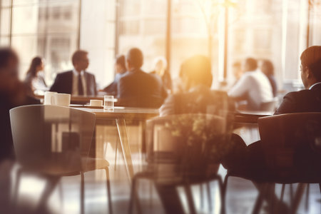 business people meeting at table. Abstract blurred office interior space background.beige, brown and orange colors. Business conceptの素材