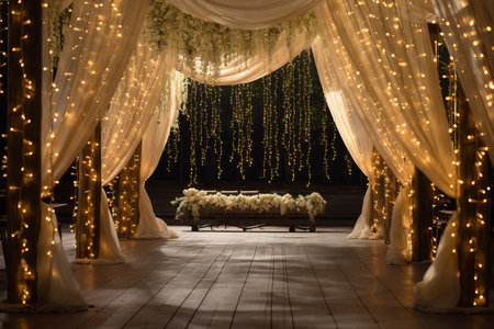 lavish wedding celebration venue outdoors: long tables and many fairy lights hanging from the ceiling, eveningの素材