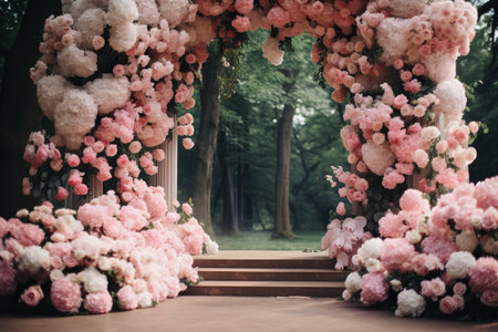 Lavish boho wedding arch decoration for a wedding ceremony celebration: many pink flowers peonies and roses, satin and silk curtainsの素材
