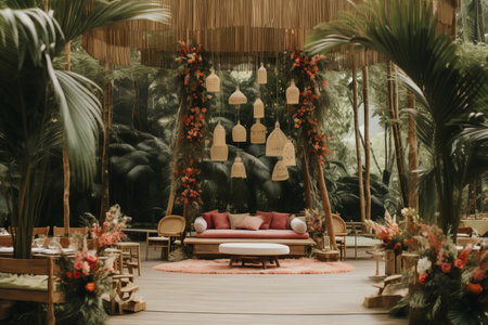 tropical boho wedding arch decoration for a wedding ceremony celebration: green plants and bright red flowers. Bali feelingの素材