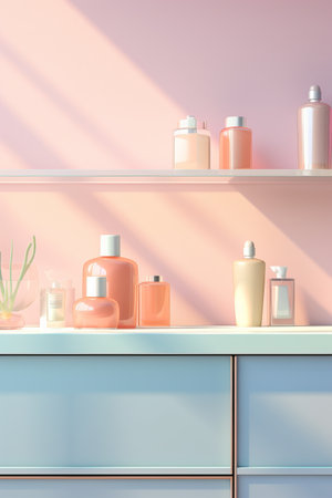 delicate pale pink and blue cosmetics packaging container for skincare, fragrance or toiletry industries on pastel background. Beauty product mockup. Store shelfの素材
