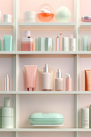 delicate pale pink and blue cosmetics packaging container for skincare, fragrance or toiletry industries on pastel background. Beauty product mockup. Store shelfの素材