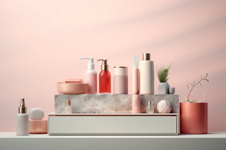 delicate pale pink and blue cosmetics packaging container for skincare, fragrance or toiletry industries on pastel background. Beauty product mockup. Store shelfの素材