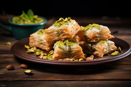 several pieces of traditional honey dessert from turkey baklava made of sheet dough, nuts and sweet syrup on a black plate or wooden boardの素材