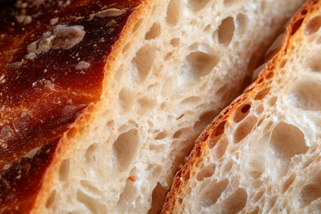 a macro photo of a sourdough wheat white bread with nice crust and oxygen bubbles, slices, filling the frame.の素材