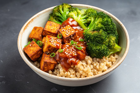 a quinoa bowl with steamed broccoli and smoked tofu cubes in teriyaki sauce with sesame seeds and green onions as topping on kitchen napkin, gray backgroundの素材