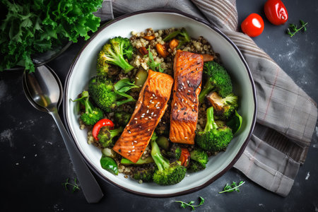 a quinoa bowl with steamed broccoli and grilled salmon with sesame seeds and green onions as topping on kitchen napkin, gray background, top viewの素材