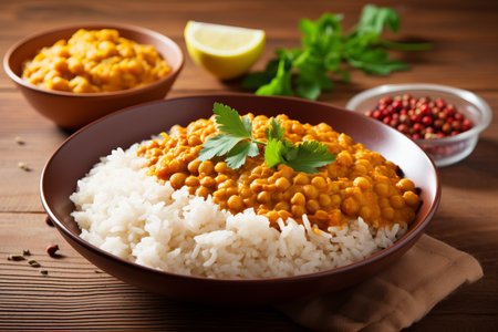 Indian red lentil curry with chickpeas, white rice and fresh cilantro - chana dal - on a wooden tableの素材