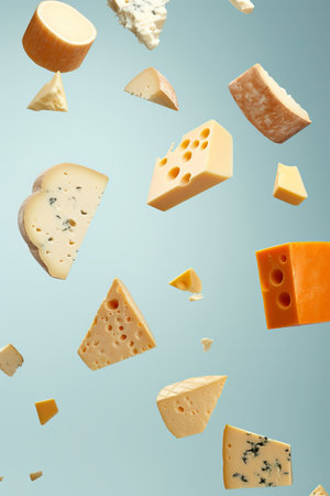 a clean detailed studio photo of assortment of cheeses flying in the air: blue cheese, cheddar, emmental, french soft cheese with strong smell, italian parmesan. Food ingredient levitationの素材