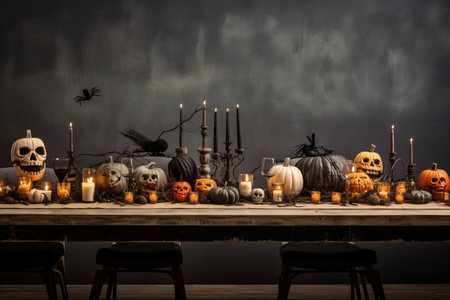 a table setting for a group of people with lots of Halloween accessories and elements. pumpkins, skulls, black candles, dark colors and tones. Spooky atmosphereの素材