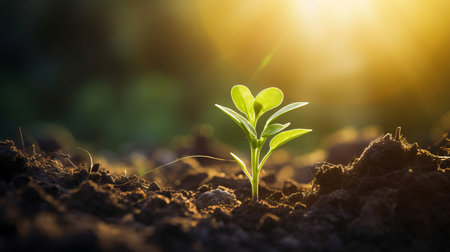 a close-up macro photo of a young green tree plant sprout growing up from the black soil, sunshine shining a light. Growth new life concept.の素材