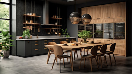 Cozy modern minimalistic Scandinavian interior design of a spacious kitchen with wooden table and other elements, dark and black walls and kitchen cabinets, tiles on the floor, earthly tonesの素材