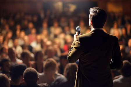 a male motivational speaker or a stand-up comedian presenting his speech in front of an audience in a microphone in a dark club or concert hall venue with selective lightingの素材