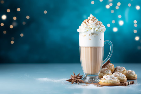 a tall glass with warm coffee drink with cinnamon, whipped milk foam or cream and caramel on a kitchen table and Christmas ornaments, lights and decoration.の素材