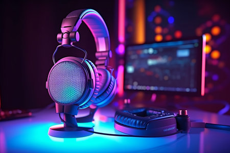 A close-up of a microphone and headphones for podcast, stream or ASMR sounds on black stand in a neon led lighting, cyan and magenta, in a sound recording studio.の素材