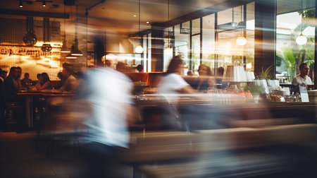 Image with motion blur of guests and customers walking in hipster bakery cafe or coffee shop restaurant. Blurred catering business background, chefs and waiters working. Fast movement, beige colorsの素材
