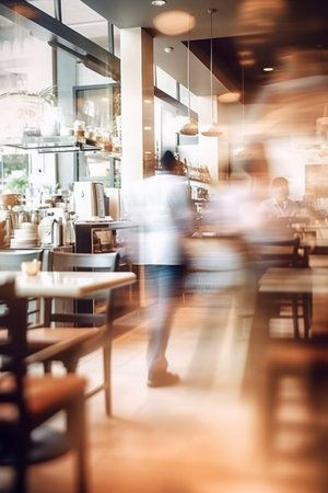 Image with motion blur of guests and customers walking in hipster bakery cafe or coffee shop restaurant. Blurred catering business background, chefs and waiters working. Fast movement, beige colorsの素材