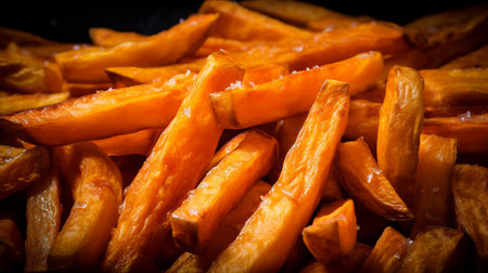 a macro image of a texture of freshly cooked yellow crispy sweet potato fries. Close-up. filling the frame.の素材