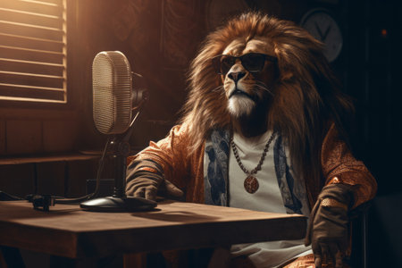 a cute cool looking lion wearing relaxed casual human clothes and sunglasses sitting in a recording studio about to produce a podcast or asmr sounds.の素材