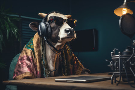 a cute cool looking cow bull wearing relaxed casual human clothes and sunglasses sitting in a recording studio about to produce a podcast or asmr sounds.の素材