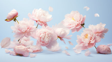 Many delicate tender pink big and small open and closed peony flowers and buds levitating, blue sky backgroundの素材