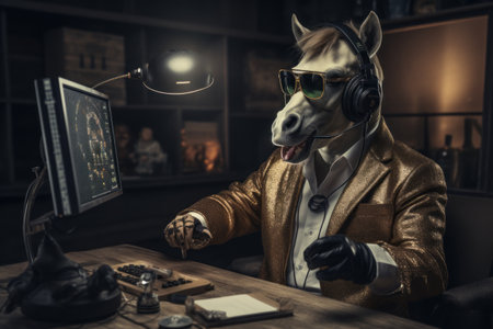 a cute cool looking horse wearing relaxed casual human clothes and sunglasses sitting in a recording studio about to produce a podcast or asmr sounds.の素材
