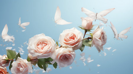 Many delicate tender pink big and small open and closed pink roses, flowers and buds levitating, blue sky backgroundの素材