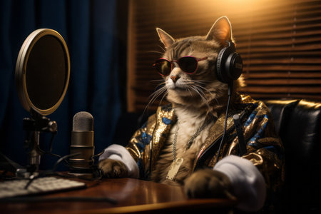 a cute cool looking cat wearing relaxed casual human clothes and sunglasses sitting in a recording studio about to produce a podcast or asmr sounds.の素材
