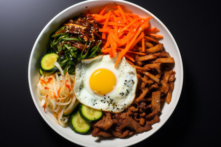 Traditional korean dish bibimbap salad made of various vegetables ingredients mixed together with spicy sauceの素材