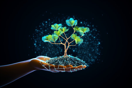 Sustainable economy concept. Abstract Digital Hand Holding Plant on Technological Blue Background. Low Poly Wireframe Vector illustration Consist of Connected Glow Dots, Lines, and Geometric Shapesの素材