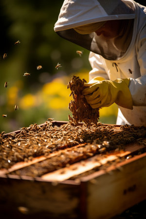 A professional beekeeper wearing a protective clothing and veil taking care of his bee hive in the rural setting, harvesting honey, close-up photoの素材