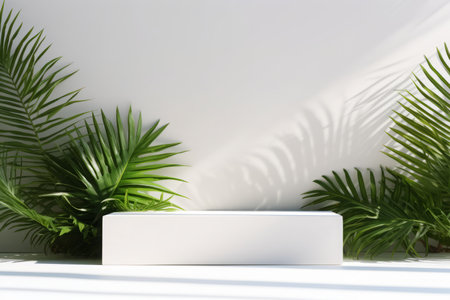 Beauty product photo background: smooth rectangular white podium in hard sunlight with palm tree leaf on white background, negative spaceの素材
