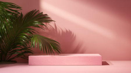 Beauty product photo background: smooth rectangular pink podium in hard sunlight with palm tree leaf on pink background, negative spaceの素材