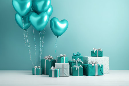 Heart-shaped balloons with helium tied to present boxes with ribbons and packaging decoration, turquoise studio backgroundの素材