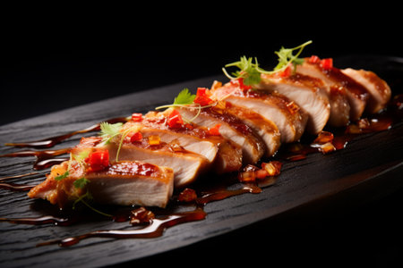 Chicken Teppanyaki, thinly sliced chicken mixed with a base of soy sauce, roughly grounded red chili, Japanese cuisine, professional Michelin Star gourmet food photographyの素材