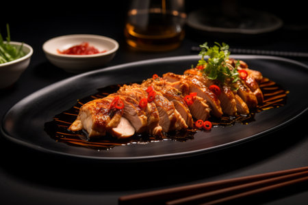 Chicken Teppanyaki, thinly sliced chicken mixed with a base of soy sauce, roughly grounded red chili, Japanese cuisine, professional Michelin Star gourmet food photographyの素材