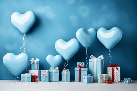 Heart-shaped balloons with helium tied to present boxes with ribbons and packaging decoration, blue studio backgroundの素材