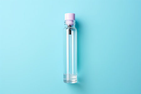 Mock-up of transparent cosmetics bottle with dispenser for essential oil or perfume, bottle with pipette on light blue background, aromatherapy, top viewの素材