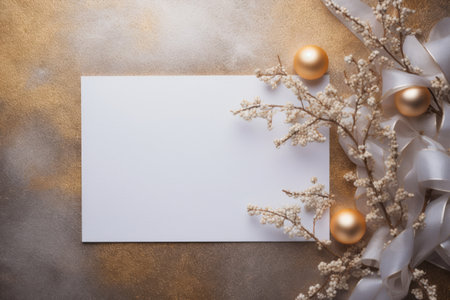 An empty postcard among the Christmas decoration - golden fair-tree ornaments, flat lay top viewの素材