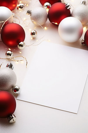 An empty postcard among the Christmas decoration - white and red fair-tree ornaments, Christmas fair light bokehの素材