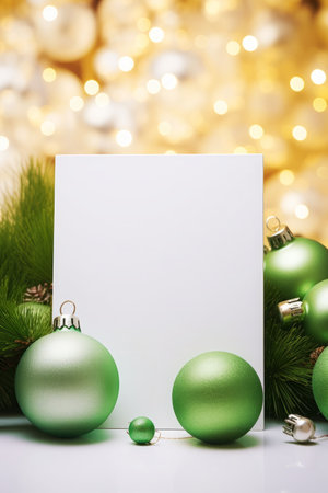 An empty postcard among the Christmas decoration - white and red fair-tree ornaments, Christmas fair light bokehの素材