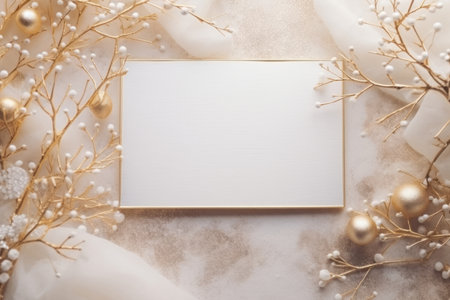 An empty postcard among the Christmas decoration - golden fair-tree ornaments, flat lay top viewの素材
