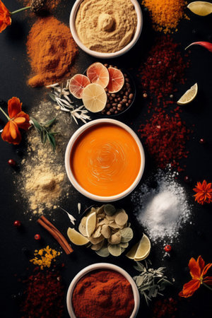 a top view flat lay of food ingredients, food photo template background: soup dish in a bowl, spices on black background, verticalの素材