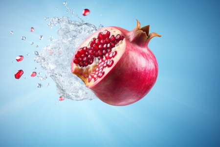 a clean detailed studio photo of fresh raw ripe pomegranate flying in the air on pastel gradient background. fruit food ingredient levitation.の素材