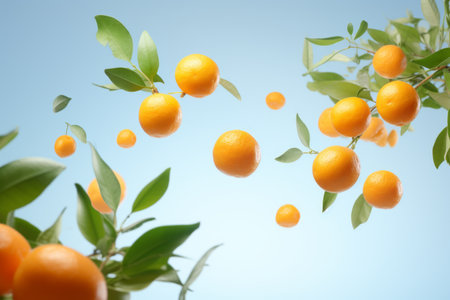 a clean detailed studio photo of fresh raw ripe kumquat flying in the air on pastel gradient background. fruit food ingredient levitation.の素材