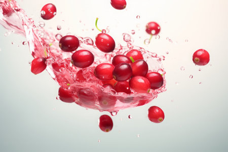 a clean detailed studio photo of fresh raw ripe cranberries flying in the air on pastel gradient background. fruit food ingredient levitation.の素材