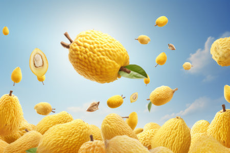 a clean detailed studio photo of fresh raw ripe jackfruit flying in the air on pastel gradient background. fruit food ingredient levitation.の素材