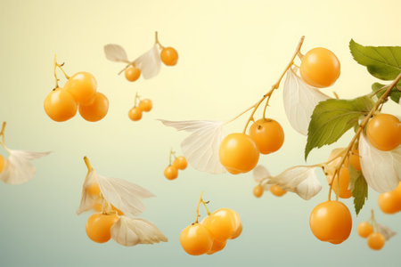 a clean detailed studio photo of fresh raw ripe golden berries flying in the air on pastel gradient background. fruit food ingredient levitation.の素材